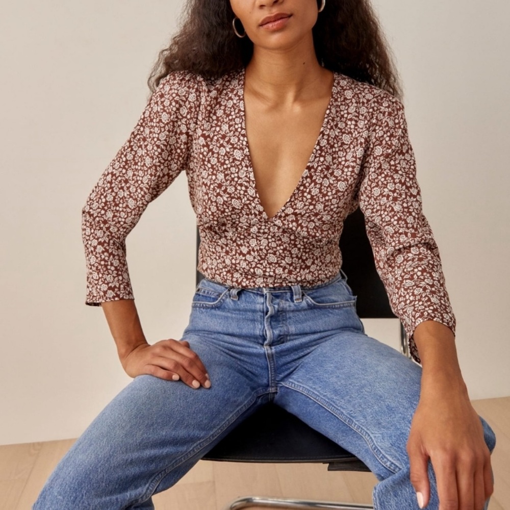 Reformation Artesia Chocolatier Brown Floral Blouse
